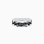 The 14K White Gold Black and White Diamond Ring features a central row of black gemstones, sparkling white diamonds on each side, and 0.89 TCW diamonds, shown against a plain white background.