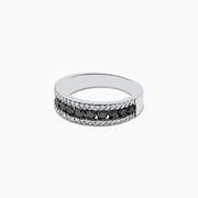 The 14K White Gold Black and White Diamond Ring features a central row of black gemstones, sparkling white diamonds on each side, and 0.89 TCW diamonds, shown against a plain white background.