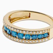 14K Yellow Gold Blue and White Diamond Three-Row Ring