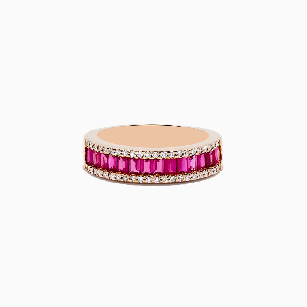 The Ruby Royal 14K Rose Gold Baguette Cut Ruby and Diamond Band, 1.28 TCW, showcases rectangular rubies set between sparkling diamond rows for an elegant update to the classic band.
