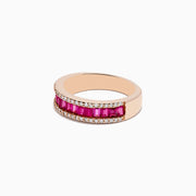 The Ruby Royal 14K Rose Gold Baguette Cut Ruby and Diamond Band, 1.28 TCW, showcases rectangular rubies set between sparkling diamond rows for an elegant update to the classic band.