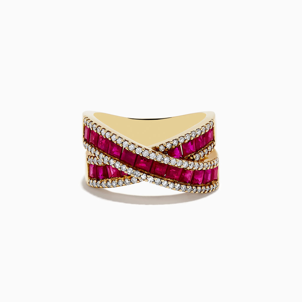 The Ruby Royale 14K Yellow Gold Ruby Criss Cross Ring, 2.73 TCW, features rows of vivid rectangular rubies and sparkling diamonds in an elegant crisscross design, set against lustrous yellow gold.