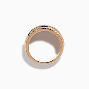 The Lab Grown Pink and White Diamond Statement Ring in 14K Rose Gold features a wide band with two rows of lab grown white diamonds on the edges and a central line of closely set pink diamonds for an elegant, eye-catching look.