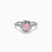 The Lab Grown Pink and White Diamond Rose Ring in 14K White Gold features a round pink center stone, a floral halo of lab grown diamonds, and additional diamonds along the band.