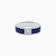 Men’s 14K White Gold Blue Sapphire and Diamond Ring, 1.69 TCW, showcasing a row of blue sapphires on the band with a single square-cut diamond at the center.