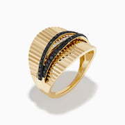 14K Yellow Ribbed Gold Black and White Diamond Pave Crossover Ring