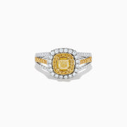 18K Yellow and White Gold Yellow and White Diamond Cushion-Cut Double Halo Split Shank Ring