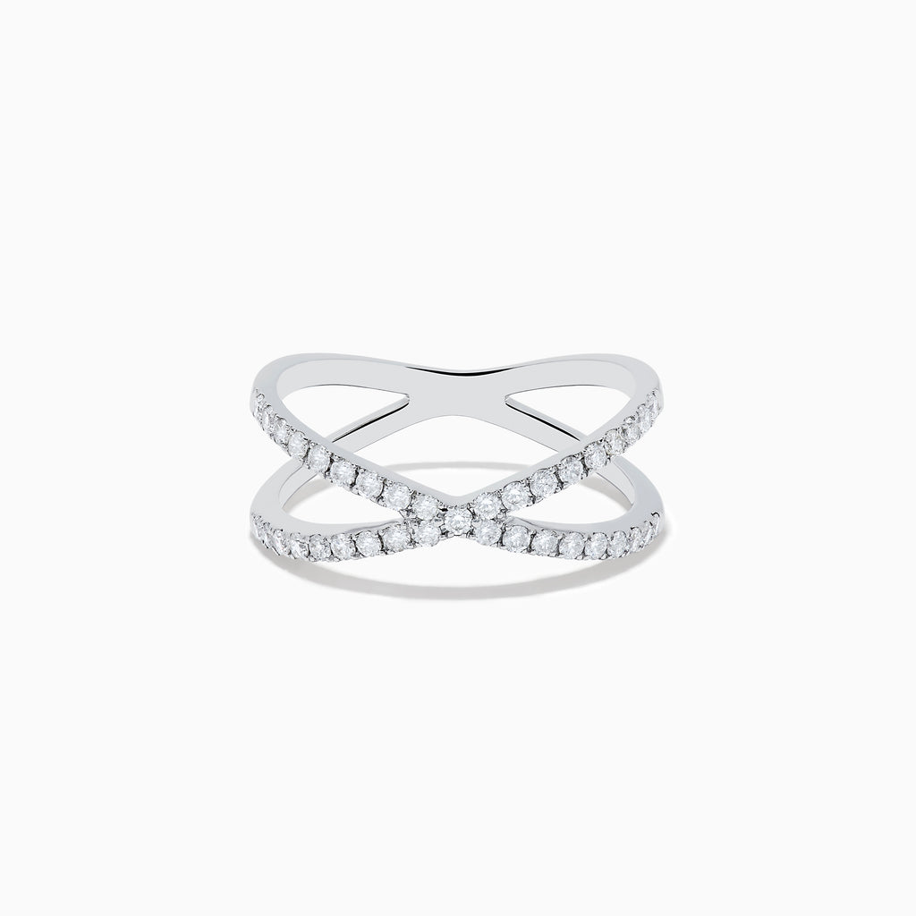 The Pave Classica 14K White Gold Diamond Criss Cross Ring, 0.40 TCW, showcases two intersecting diamond-studded bands for a modern and elegant X-shaped design.