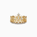 The DOro 14K Yellow Gold Diamond Accented Crown Ring, 0.41 TCW, features ornate scrollwork, baguette and round diamond accents, and a central cluster of diamonds forming a delicate tiara design.