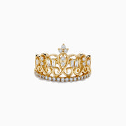 The DOro 14K Yellow Gold Diamond Accented Crown Ring, 0.41 TCW, features ornate scrollwork, baguette and round diamond accents, and a central cluster of diamonds forming a delicate tiara design.