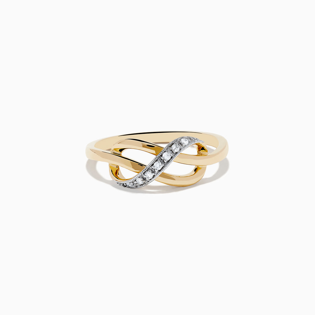 The Novelty 14K Yellow Gold Diamond Infinity Knot Ring, 0.05 TCW, features interlocking loops with a diamond-encrusted curve on the front and is shown against a white background.