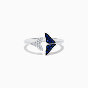 The Seaside 14K White Gold Sapphire and Diamond Whale Tails Ring (0.18 TCW) features two elegant tails, one adorned with diamonds and the other with sapphires, symbolizing oceanic grace.