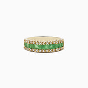 The Brasilica 14K Yellow Gold Emerald and Diamond Ring, 1.27 TCW, showcases a central row of rectangular emeralds bordered by sparkling white diamonds.