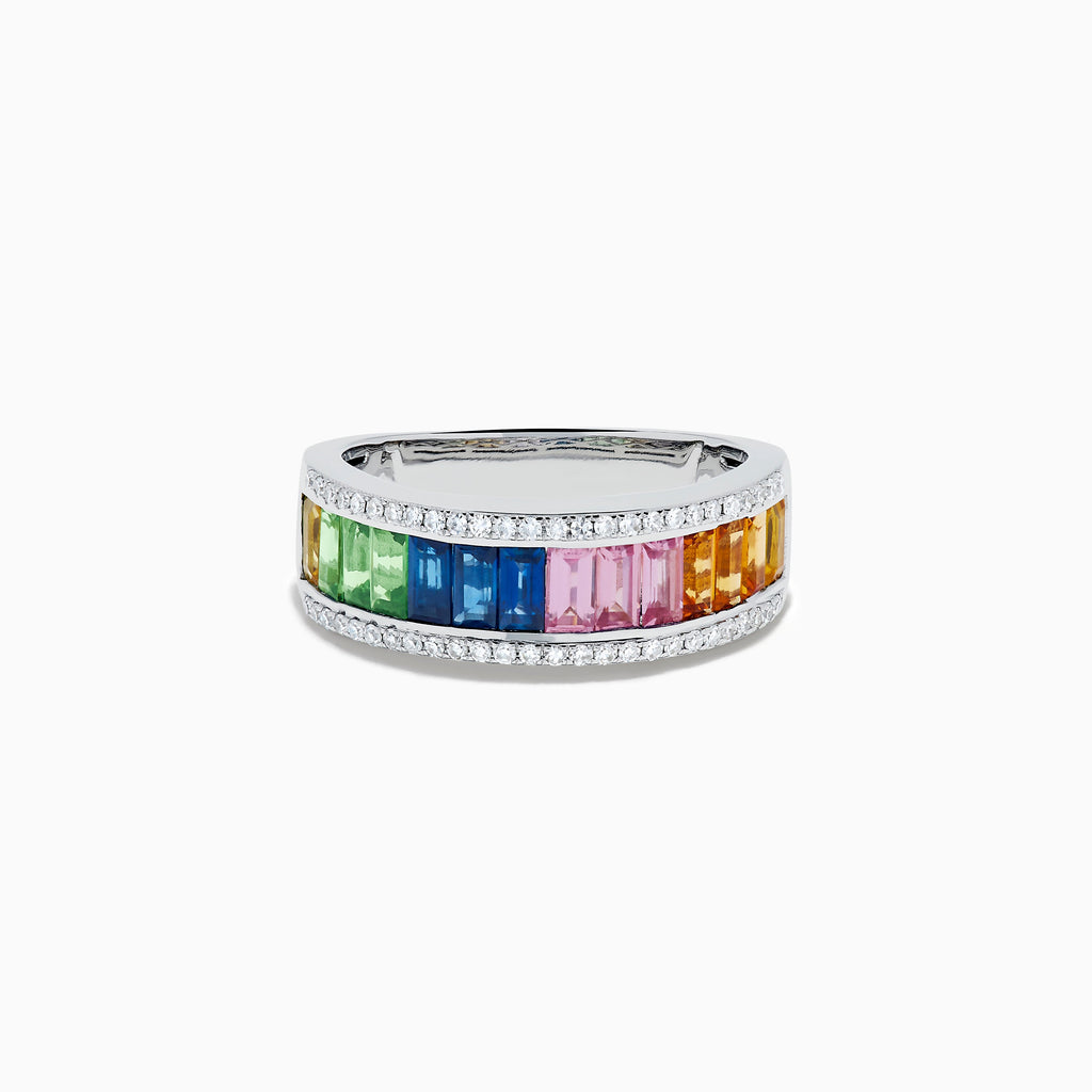Watercolors 14K White Gold Multi Sapphire, Tsavorite and Diamond Channel-Set Rainbow Ring