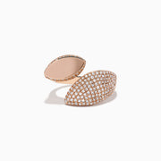 The Pave Rose 14k Rose Gold Open Shank Diamond Bypass Ring features two marquise-shaped ends—one polished, one with sparkling diamonds—shown elegantly on a white background.