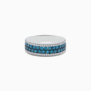 The Bella Bleu 14K White Gold Blue and White Diamond Ring (1.12 TCW) features three rows of round blue stones at the center, bordered by two rows of clear white accents on the top and bottom.
