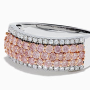 The 14K Two-Tone Gold Pink and White Diamond Ring showcases alternating rows of sparkling white and pink diamonds, blending the brilliance of white stones with the warmth of rose gold for an elegant, eye-catching look.
