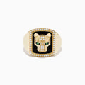 Men's 14K yellow gold panther ring with onyx background, diamond accents outlining the face and border, and a detailed panther head design.