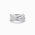 The Pave Classica 14K White Gold Diamond Cross Over Ring, 0.40 TCW, features overlapping bands—two set with sparkling diamonds—in an elegant, intertwined design. Shown against a white background.