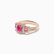 The 14K Rose Gold Pink Sapphire and Diamond Ring features a round pink sapphire center, accented by small diamonds and rectangular pink stones on each side of the band.