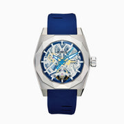 A modern 42MM Swiss Made Titanium Automatic Skeleton Watch with a blue strap, silver geometric case, and skeleton dial revealing intricate gears. Blue and silver hands complete this stylish Effy Watches timepiece.