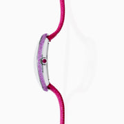 The 28MM Swiss Made Stainless Steel Cocktail Watch features an oval dial with pink sapphire and diamond accents, a pink textured strap, black hour and minute hands, and EFY branding at the center.