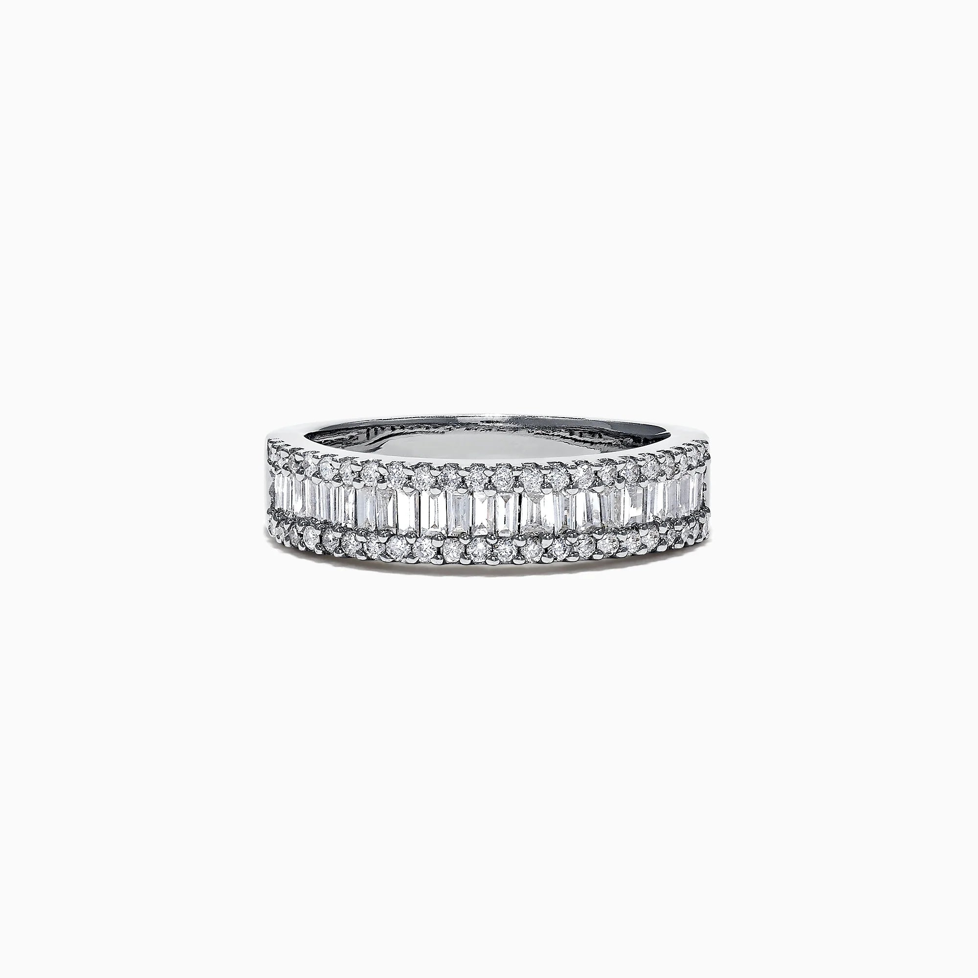 A silver ring with a wide band, featuring two rows of small round diamonds on the top and bottom edges, and a center row of rectangular baguette-cut diamonds.
