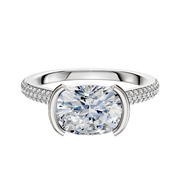 A Platinum Bezel Half Bezel East/West Cathedral Dome 3-Row-Pave 2.0mm Engagement Ring with a brilliant center stone and pavé-set diamonds on the band, showcased on a plain white background.