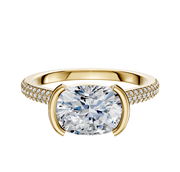 A 14K yellow gold engagement ring with a cathedral dome design, 2.0mm band, and 3-row pave setting in an east/west half bezel style.