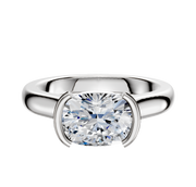 A 14K white gold bezel half bezel east/west cathedral dome 3.0mm engagement ring is displayed on a plain white background.