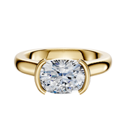 The 14K Yellow Gold Bezel Half Bezel East/West Cathedral Dome 3.0mm Engagement Ring features a wide band and a horizontally set gemstone in a modern partial bezel setting.
