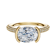 The 14K Yellow Gold Bezel Half Bezel East/West Classic Dome 3-Row-Pave 2.0mm Engagement Ring features a large center stone in a bezel setting, with three rows of pave-set diamonds along the band, displayed on a plain white background.