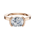 A 14K rose gold Bezel Half Bezel East/West Cathedral Flat 2.0mm engagement ring is shown on a plain white background.