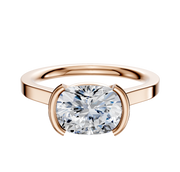 A 14K rose gold Bezel Half Bezel East/West Cathedral Flat 2.0mm engagement ring is shown on a plain white background.