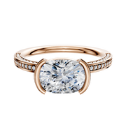 The 18K Rose Gold Bezel Half Bezel East/West Classic Flat 3-Row-Pave 2.0mm Engagement Ring features a modern east-west center, bezel setting, and a band adorned with three rows of pavé diamonds for added brilliance.