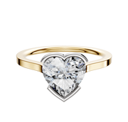 The 14K Two Tone Bezel Half Bezel East/West Cathedral Flat 1.5mm Engagement Ring is shown on a plain white background, featuring a gold band and a large heart-shaped diamond in a sleek white metal setting.