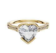 The 18K Yellow Gold Bezel Half Bezel East/West Cathedral Flat 3-Row-Pave 2.0mm Engagement Ring features elegant pave-set diamonds along the band in a unique, luxurious design that embodies both sophistication and romance.