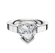 A 14K white gold bezel half bezel east/west cathedral flat 3.0mm engagement ring, showcased on a plain white background.
