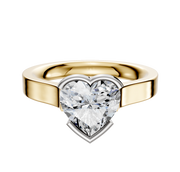 An 18K two-tone bezel half bezel East/West cathedral flat 3.0mm engagement ring is displayed on a plain white background, featuring a wide band and elegant design.
