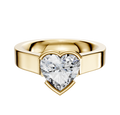 A 14K yellow gold bezel half bezel east/west cathedral flat 4.0mm engagement ring is shown, featuring a sleek, polished band and photographed against a plain white background.