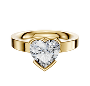 A 14K yellow gold bezel half-bezel East/West classic flat 3.0mm engagement ring is displayed against a plain white background.