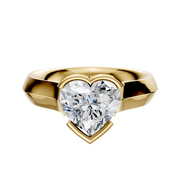 An 18K yellow gold bezel half bezel east/west cathedral knife edge 4.0mm engagement ring is shown against a plain white background.