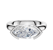 Displayed against a plain white background, the 18K White Gold Bezel Half Bezel East/West Cathedral Dome 3.0mm Engagement Ring features a horizontally-set marquise diamond in a minimalist setting.