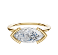 The 18K Yellow Gold Bezel Half Bezel East/West Classic Dome 1.5mm Engagement Ring features a large, horizontally set oval gemstone secured by two curved gold prongs on each end, shown against a white background.