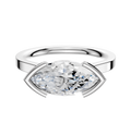 A 14K white gold bezel half bezel East/West cathedral flat 2.0mm engagement ring displays a large marquise-cut diamond set horizontally with minimalist prongs, shown against a plain white background.
