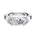 An 18K white gold half bezel east/west cathedral flat 3.0mm engagement ring, featuring a modern design with the diamond set horizontally, displayed against a plain white background.