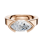 The 18K Rose Gold Bezel Half Bezel East/West Cathedral Flat 4.0mm Engagement Ring showcases a large marquise-cut clear gemstone set horizontally in a modern bezel setting, displayed against a plain white background.
