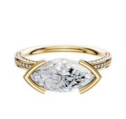 A 14K yellow gold bezel half bezel East/West classic flat engagement ring with 3-row pave, featuring a 2.0mm center stone, displayed on a plain white background.
