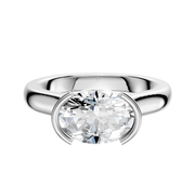 The Platinum Bezel Half Bezel East/West Cathedral Dome 3.0mm Engagement Ring features a sleek platinum band and a round, faceted gemstone centerpiece, showcased against a simple white background.