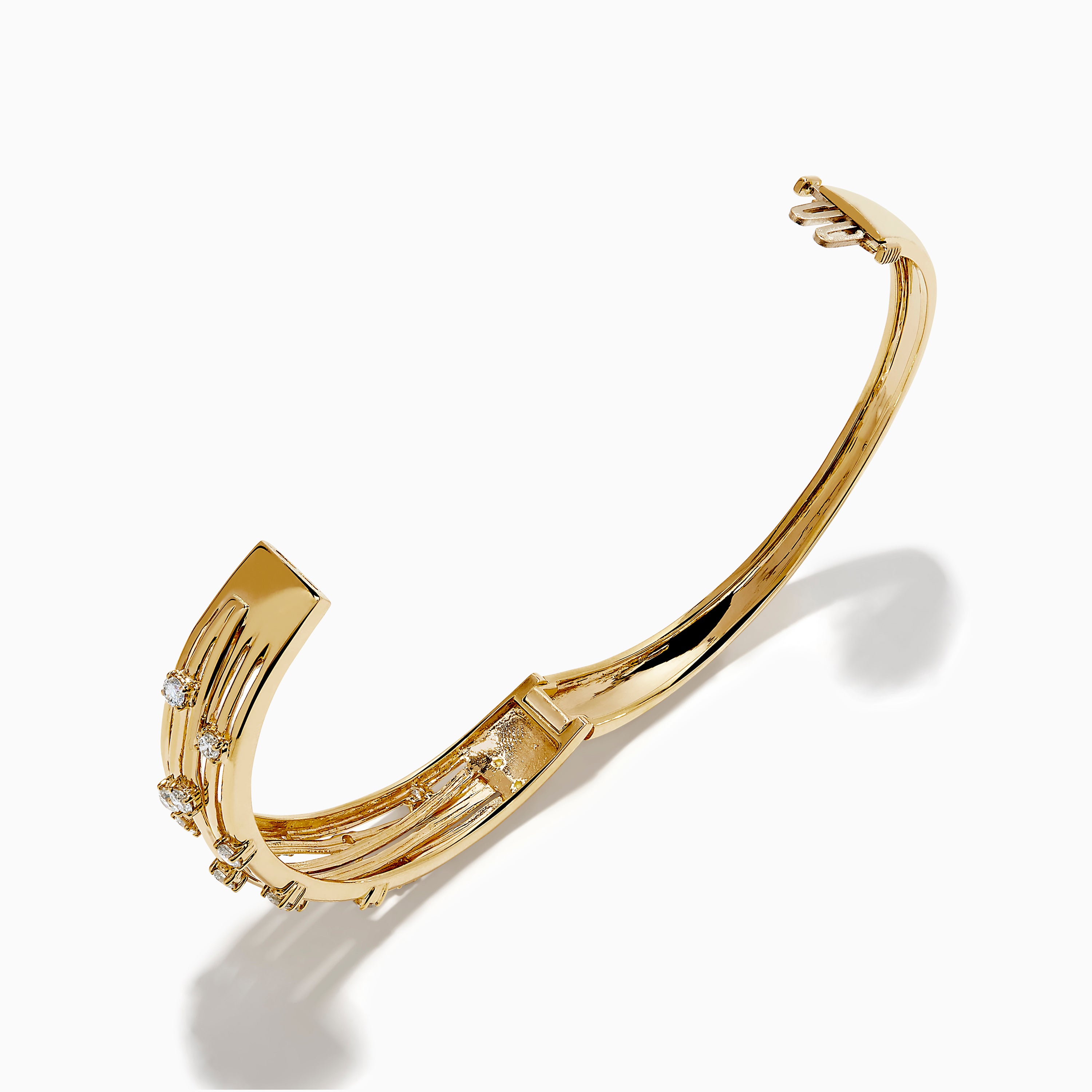 The D'oro 14K Yellow Gold Interwoven Crossover Bangle features multiple slim, interlaced bands adorned with evenly spaced round white gemstones, set in yellow gold for a radiant look.